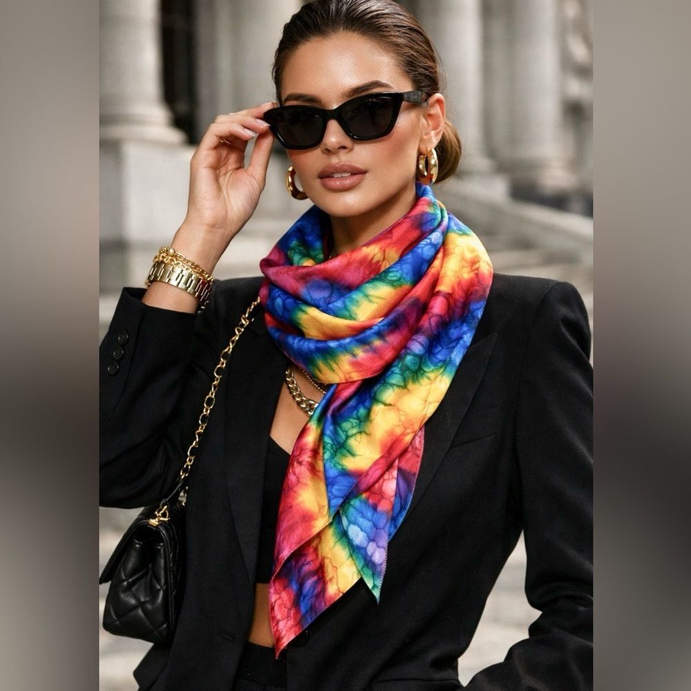 Vintage 100% Pure Silk Tie Dye Scarf 35” Square Multicolor Scarf Abstract Print
